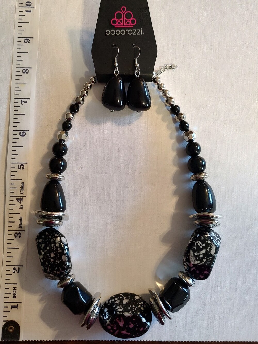 paparazzi Black Speckled Statement Necklace with Matching Drops
